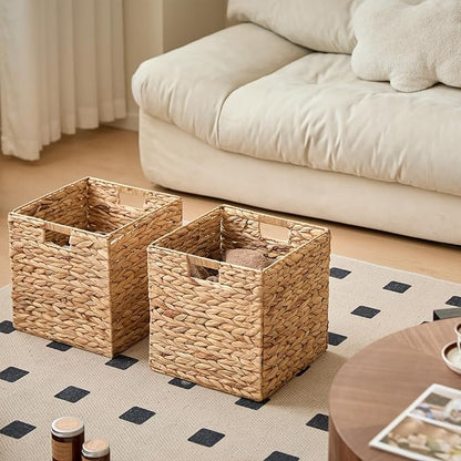 Handwoven Water Hyacinth Storage Baskets set of 4 Foldable Cube Bins Storage Oragnizer for Cabinet Shelf Bedroom Living Room (Natural, 13" L x 13" W x 13" H)