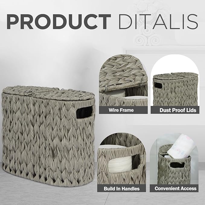 Toilet Paper Storage with Double Lid, Toilet Paper Basket for Storage, Waterproof & Freestanding Tissue Holder for Bathroom, 4 Rolls, Grey
