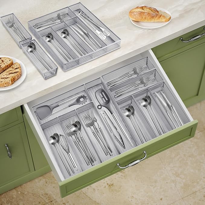 Neudeco Drawer Organizer Set 6 Pack - 5-Compartment Silverware Organizer Tray + 5 Utensil Trays, Kitchen Drawer Organizer for Flatware, Cutlery, Office Supplies, Silver Mesh, Non-Slip