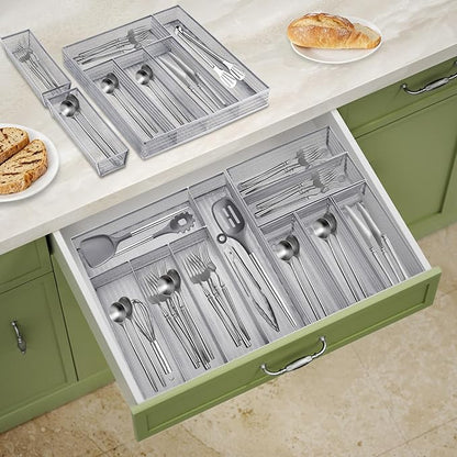 Neudeco Drawer Organizer Set 6 Pack - 5-Compartment Silverware Organizer Tray + 5 Utensil Trays, Kitchen Drawer Organizer for Flatware, Cutlery, Office Supplies, Silver Mesh, Non-Slip