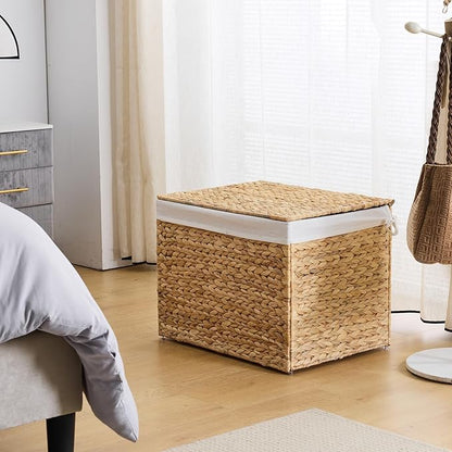 Water Hyacinth Storage Basket with Lid, 31.7 Gallon (120L) Wicker Shelf Basket with Removable Liner, Wicker Storage Basket for Blanket, for Livingroom, Bedroom, Natural