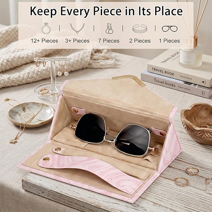 2-in-1 Travel Jewelry and Glasses Organizer, Foldable Case for Necklaces, Earrings, Rings, Bracelets, Pink Marble (Pink)