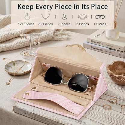 2-in-1 Travel Jewelry and Glasses Organizer, Foldable Case for Necklaces, Earrings, Rings, Bracelets, Pink Marble (Pink)
