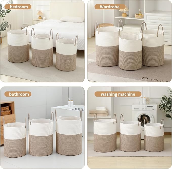 Laundry Basket Hamper Tall Rope Storage Woven for Blanket toys Dirty Clothes in Living Room Bathroom Bedroom (White&Brown, 80L/21.3Gal)