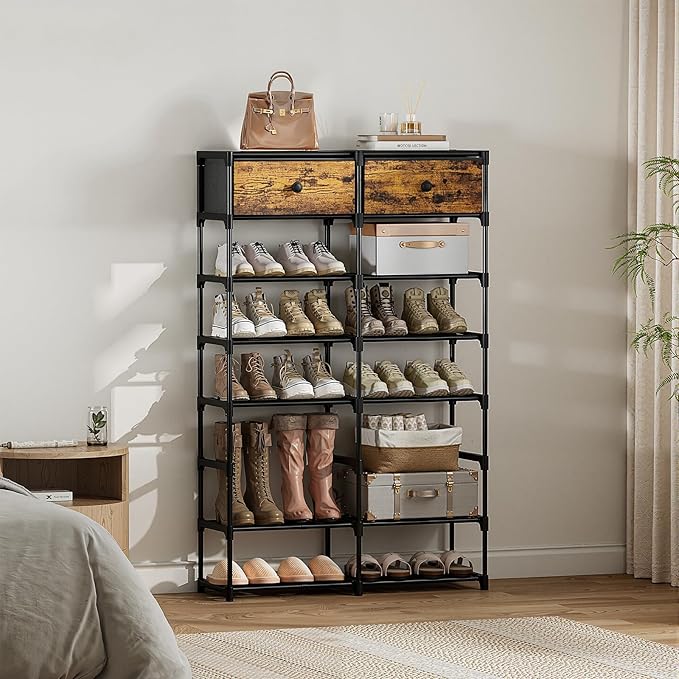 Tall Shoe Rack, 8 Tier Shoe Rack Organizer with 2 Large Drawers, Shoe Storage for 28-32 Pairs, Sturdy Metal Shoe Shelf Shoe Stand for Closet Entryway, Rustic Brown and Black