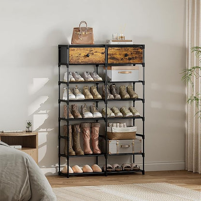 Tall Shoe Rack, 8 Tier Shoe Rack Organizer with 2 Large Drawers, Shoe Storage for 28-32 Pairs, Sturdy Metal Shoe Shelf Shoe Stand for Closet Entryway, Rustic Brown and Black