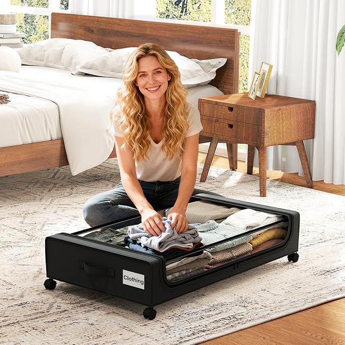 GoMaihe Under Bed Storage with Wheels: 48L Underbed Storage Containers with Clear Lids - Rolling Drawers & Bins for Shoes Clothes in Dorm Bedroom - Space-Saving Easy Pull-out Black 4-Pack