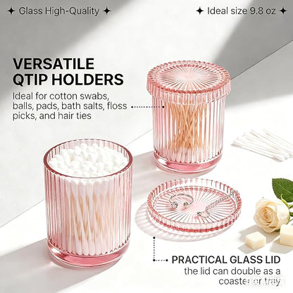 2 Pack Glass Qtip Holder Dispenser Set - Bathroom Organizer for Cotton Swabs, Balls, Pads, Floss Picks - Clear Apothecary Jars for Vanity, Makeup Storage, Bathroom Accessories Decor (Pink)