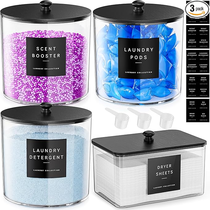 galasily 4 Pack Laundry Pods Container, Clear Laundry Room Organization Containers,Large Acrylic Detergent Powder Storage Containers Black Wooden Lids & Labels, Dryer Sheet Holder