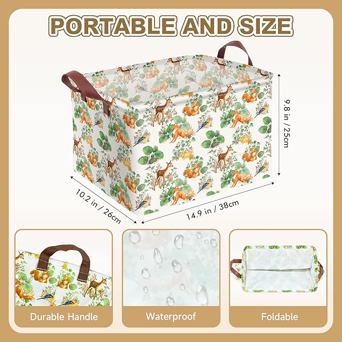 Woodland Animal Storage Basket Home Forest Decor Waterproof Canvas Toy Storage Bin Collapsible Outdoor Basket with Leather Handles Woodland Decor Blanket Baskets For Closets,Bedrooms,Gifts Baskets