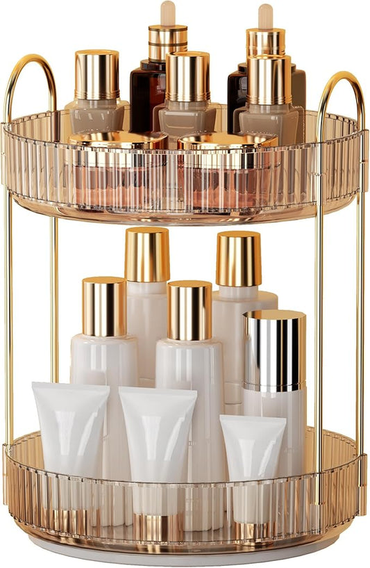 YCIA&DONE 360 Rotating Makeup Organizer and Storage for Vanity Countertop 2 Tiers, High Capacity Cosmetic Skincare Perfume Organizers for Dresser Bathroom Lazy Susan (Amber Gold)