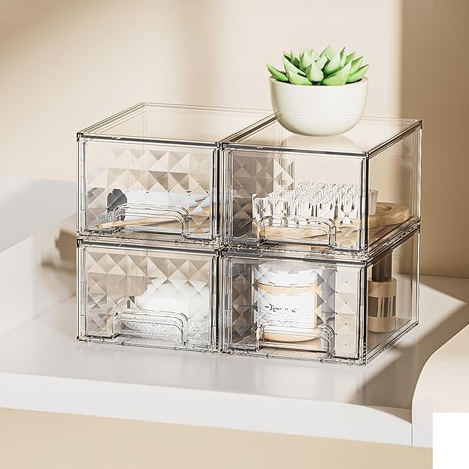 Delamu 6 Pack Stackable Storage Drawers, Makeup Skincare Holder Vanity Storage Organizer, Plastic Drawers For Vanity Desk, Undersink, Kitchen Cabinet, Pantry, Clear, Ideal Gifts for Women
