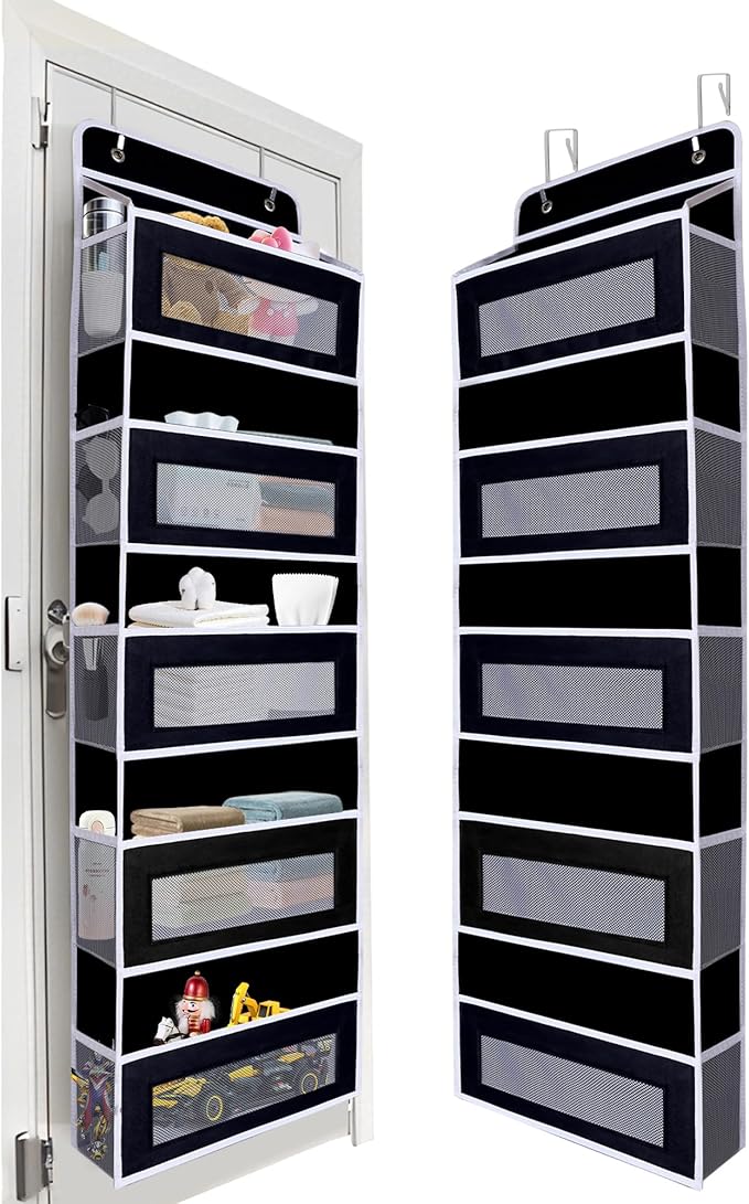 Over The Door Organizer, Reinforced Composite Fabric with Reinforced Stitching and Anti-Sag Structure, 44LB Capacity, 5 Large Pockets & 10 Mesh Pockets for Bathroom, Nursery & Laundry Room (Black)