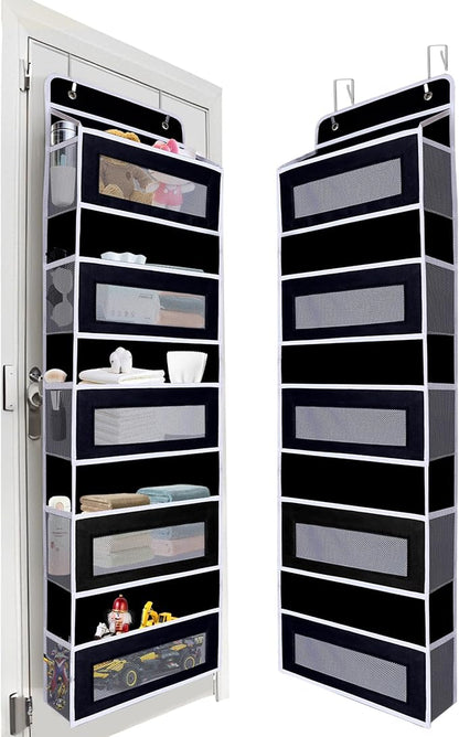 Over The Door Organizer, Reinforced Composite Fabric with Reinforced Stitching and Anti-Sag Structure, 44LB Capacity, 5 Large Pockets & 10 Mesh Pockets for Bathroom, Nursery & Laundry Room (Black)