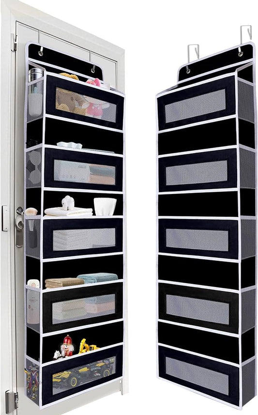 Over The Door Organizer, Reinforced Composite Fabric with Reinforced Stitching and Anti-Sag Structure, 44LB Capacity, 5 Large Pockets & 10 Mesh Pockets for Bathroom, Nursery & Laundry Room (Black)