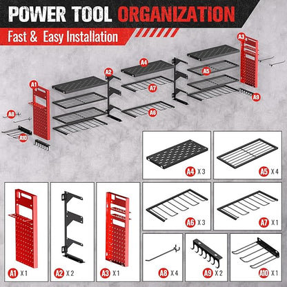 49.8" W Super Large Power Tool Organizer Wall Mount,4-Layer Heavy Duty Tool Storage with 18 Cordless Drill Holder,600 lb Capacity Garage Organization for Garage and Workshop (Red)
