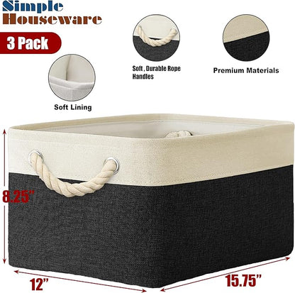 Simple Houseware 15.7" x 12" Wide & Low Fabric Storage Bin for Shallow Gaps and Closet, Braided Handles, 3 Pack, Black