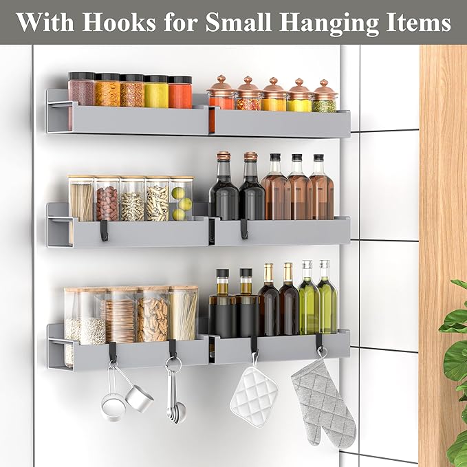 HuggieGems 6 Pack Magnetic Spice Rack Organizer for Refrigerator and Oven, Light Gray Fridge Organizers and Storage for Kitchen