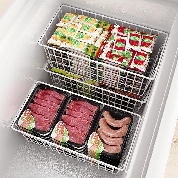 Orgneas Freezer Organizer Bins, Upright Freezer Basket Drawer Organizer Bins, Better Air Circulation Metal Wire Storage Container Bin For Chest Deep Freezers, Easy Sort & Get Food, 2 Large 2 Medium