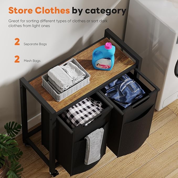 DUMOS Laundry Hamper with 2 Pull-Out Removable Sorter Bags, Movable Wheels, Freestanding Clothes Basket Organizer in Bathroom, 2 × 13.1Gal (99L) Capacity, Rustic Brown and Black