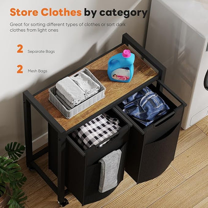 DUMOS Laundry Hamper with 2 Pull-Out Removable Sorter Bags, Movable Wheels, Freestanding Clothes Basket Organizer in Bathroom, 2 × 13.1Gal (99L) Capacity, Rustic Brown and Black