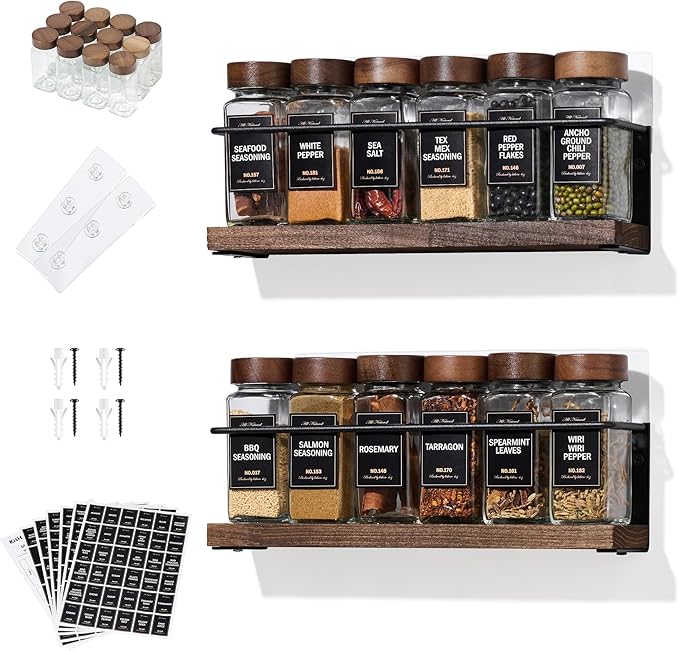 2-Tier Wall Mount Spice Rack Organizer with 12 Glass Jars, 216 Labels & Funnel - Screw/Adhesive Mount, Black Metal & Wood Spice Storage for Kitchen Pantry Cabinet, 11.6”W x 2.4”D x 3.2”H