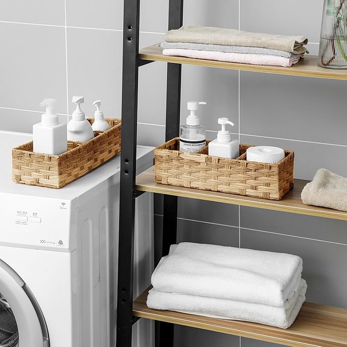 Toilet Tank Topper Paper Basket Multiuse Hand Woven Plastic Wicker Basket Bins with Divider for Shelves Rustic Farmhouse Bathroom Decor Countertop Light yellow