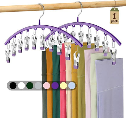 Legging Organizer for Closet, Metal Yoga Pants Hanger w/Rubber Coated 1 Pack w/10 Clips Hold 10 Leggings, Hangers Space Saving Hanging for Closet Organizers and Storage-Purple
