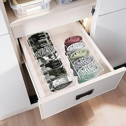 Belt Organizer, Belt Storage Box with 7 Compartments, Acrylic Belt Storage Holder for The Closet, Clear Belt Display Case for Closet Tie,Bow Tie and Watch Jewelry