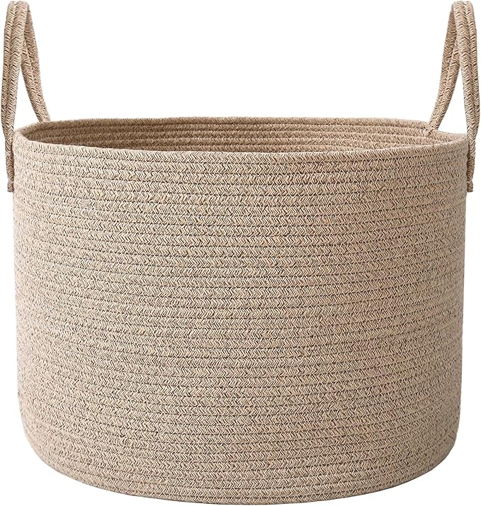 JMvicyroam 115L Extra Large Blanket Basket for Living Room - Woven Cotton Rope Laundry Hamper with Reinforced Handles - Storage Bin for Pillows, Comforters & Toys - Machine Washable,Oatmeal