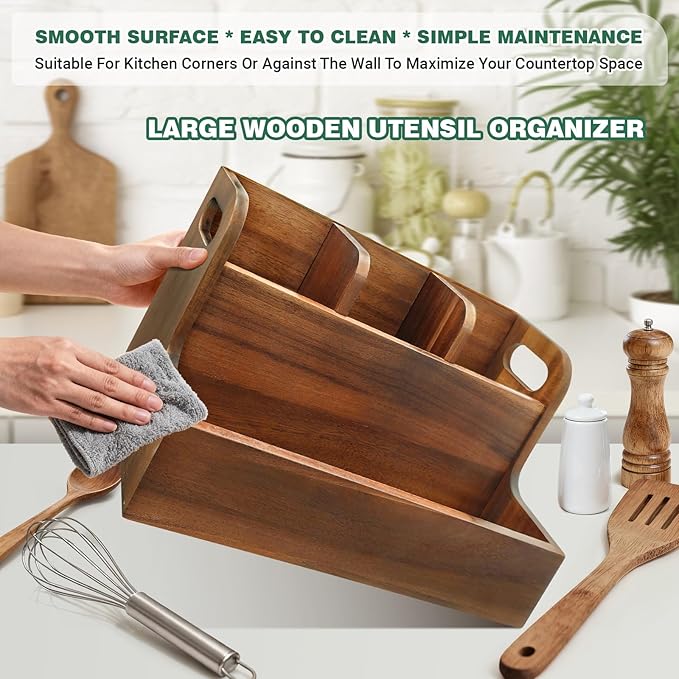 Kitchen Utensil Holder for Countertop with 4 Compartments Acacia Large Utensil Holder Wooden Storage for Cooking,Baking,Flatware Tool Kitchen Utensil Organizer