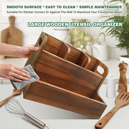 Kitchen Utensil Holder for Countertop with 4 Compartments Acacia Large Utensil Holder Wooden Storage for Cooking,Baking,Flatware Tool Kitchen Utensil Organizer