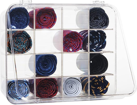 Tie Rack Organizer, Clear Tie Organizer Box, Acrylic Tie Display Rack for 16 Ties Storage, Tie Box Organizer for Men Tie Holder (Transparent)