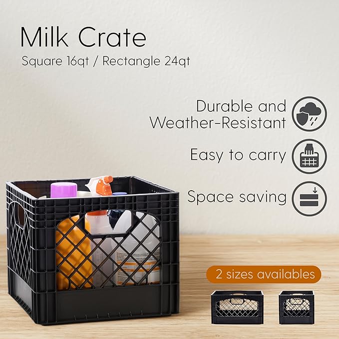 Rectangular Plastic Milk Crate Storage Tote with Handles, 24-Quart Stackable Organizer for Garage, Home, and Office, Made in the USA, 19" x 13" x 11" (3-Pack) - Black