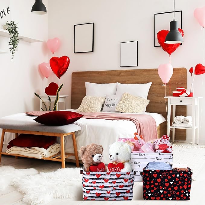 Geelin 3 Pcs Valentines Baskets Storage Valentine's Day Basket for Gifts Collapsible Waterproof Canvas Red White Black Heart Storage Bin Organizer with Handles for Book Closet Shelf Nursery Decor