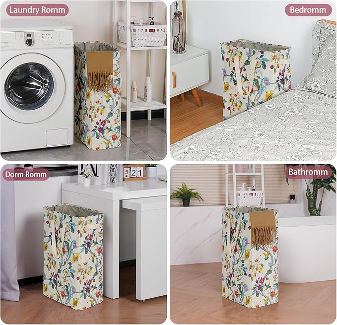 efluky Slim Laundry Basket, Narrow Laundry Hamper with Handles, Collapsible Dirty Clothes Hamper, Tall Laundry Bin for Laundry Room, Dorm and Bedroom, 19.8 Gallon (75L) Floral