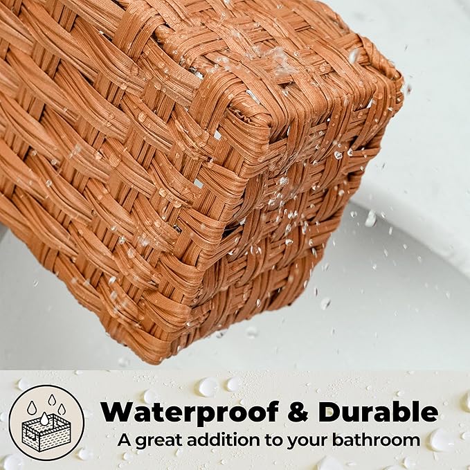 GRANNY SAYS Bathroom Toilet Organizer, Back of Toilet Storage Basket, Waterproof Storage for Shelves, 3 Section Wicker Baskets, Caramel Orange, 2-Pack