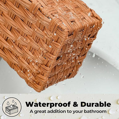 GRANNY SAYS Bathroom Toilet Organizer, Back of Toilet Storage Basket, Waterproof Storage for Shelves, 3 Section Wicker Baskets, Caramel Orange, 2-Pack