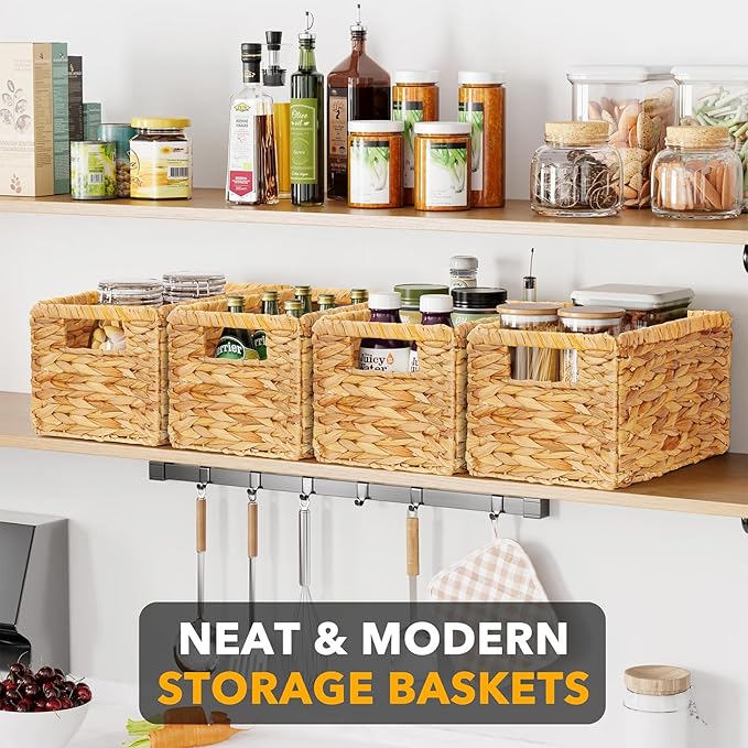 SpaceAid 4 Pack Wicker Basket, Storage Baskets for Organizing, Woven Rattan Basket with Handles for Shelves, Water Hyacinth Large Cube Organizer Storage Bin, 13x8.2x7 inch, Natural