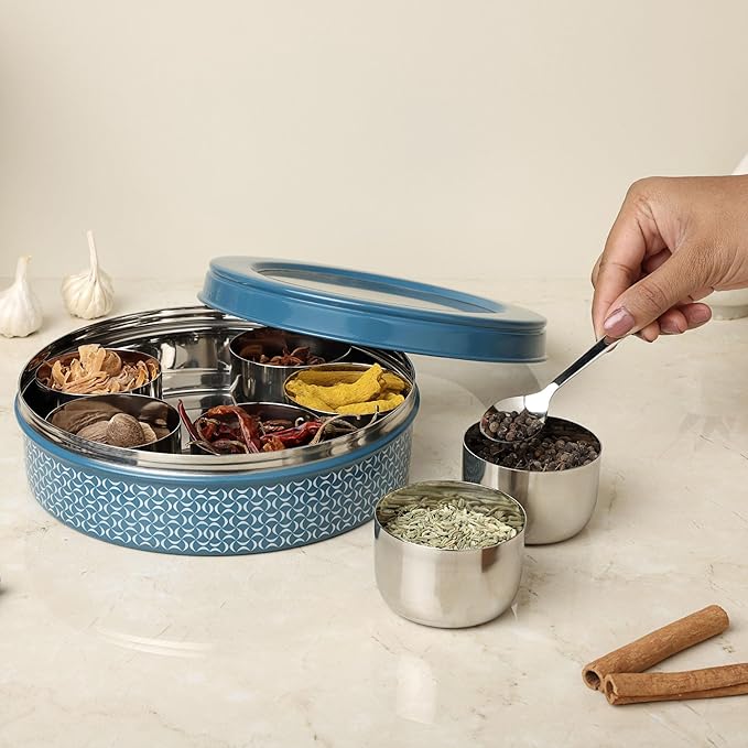 dudki 7 in 1 Stainless Steel Spice box for kitchen sturdy Masala dabba jar for Spices Seamless Design (Dusky Blue)