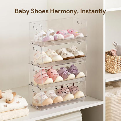 HBlife Clear Acrylic Kids Shoe Rack Baby Toddler Shoe Storage Organizer for Closet Floor Entryway Bedroom, 4 Tier Stackable Small Shoe Rack Shelf Display Stand