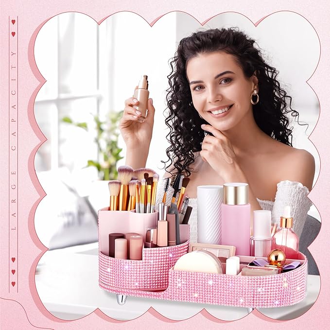 Teen Girls Mother's Day 360 Rotating Bling Makeup Organizer Gift Rhinestone Diamond Bathroom Organizer Girly Skin Care Brush Holder for Countertop, Bathroom Essentials(Pink,Rhinestone)