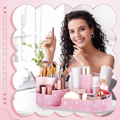Teen Girls Mother's Day 360 Rotating Bling Makeup Organizer Gift Rhinestone Diamond Bathroom Organizer Girly Skin Care Brush Holder for Countertop, Bathroom Essentials(Pink,Rhinestone)