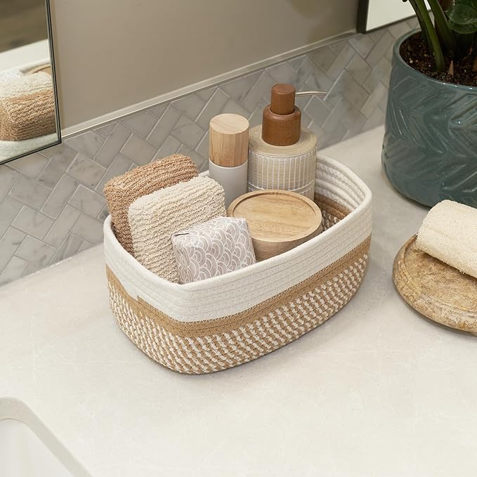 Beautiful Storage Basket Set of 3 - Sturdy Jute Rope Baskets for Shelves Are Perfect for Organizing Your Home - Quality Storage Bins Easily Fit With Any Nursery or Bedroom Decor