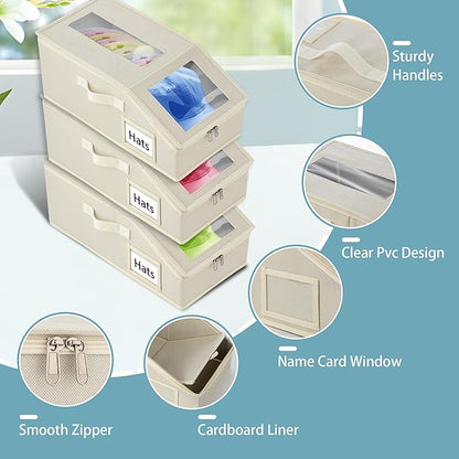 Stackable Hat Storage for Baseball Caps, 3 PCS Hat Storage Boxes for Closet, Holds up to 45 Caps with Cardboard, Hat Organizer for Women & Men (Two Clear Window) (Beige 3-Pack)