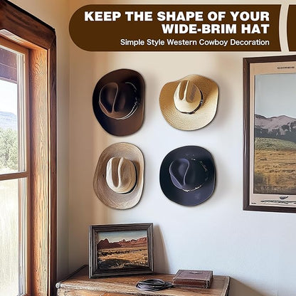 Cowboy Hat Holder Rack for Wall, 4 Pack Hat Hooks with Non-Damage Brim Design, Rustic Wood Hats Hanger on Wall to Keep Original Shape of Hats, for Home, Closet, Entryway, Cabin, Western Room Decor