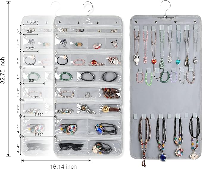Freegrace Hanging Jewelry Organizer with Secure Zipper Closure - 360° Revolving Hanger, 25 Clear Pockets, 23 Necklace Hooks - Foldable Travel Storage & Closet Display (Gray)