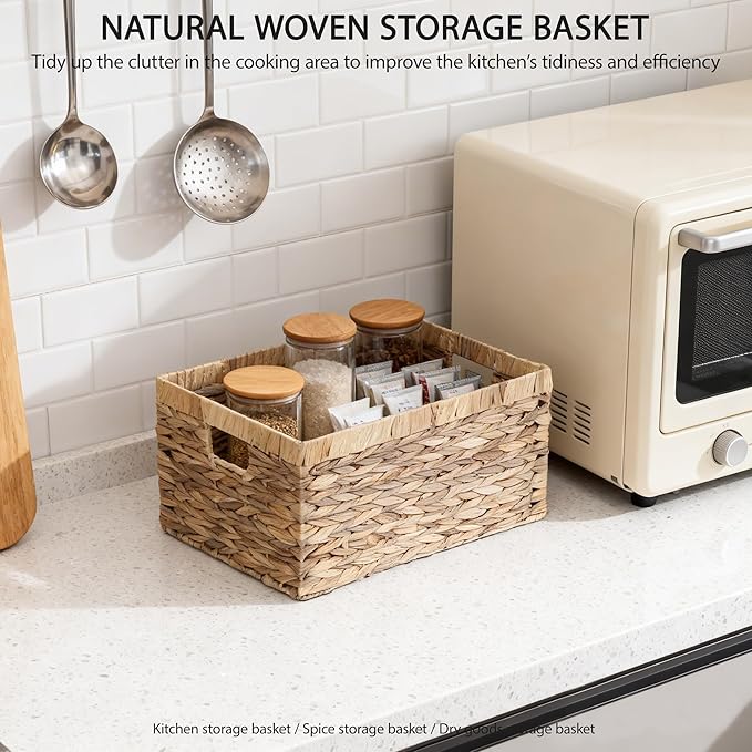 Woven Natural Water hyacinth basket Rectangular organizer basket with Handle for Desktop, Bathroom, Entryway,Kingwillow.(Small)