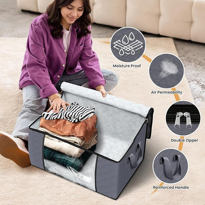 Fab totes 6 Pack Storage Bags for Clothes and Blanket, Foldable Closet Organizers and Storage with Zippers, Clear Window and Handles, Fabric Storage Bins for Sweater, Comforter, Bedding,Linen Sheets