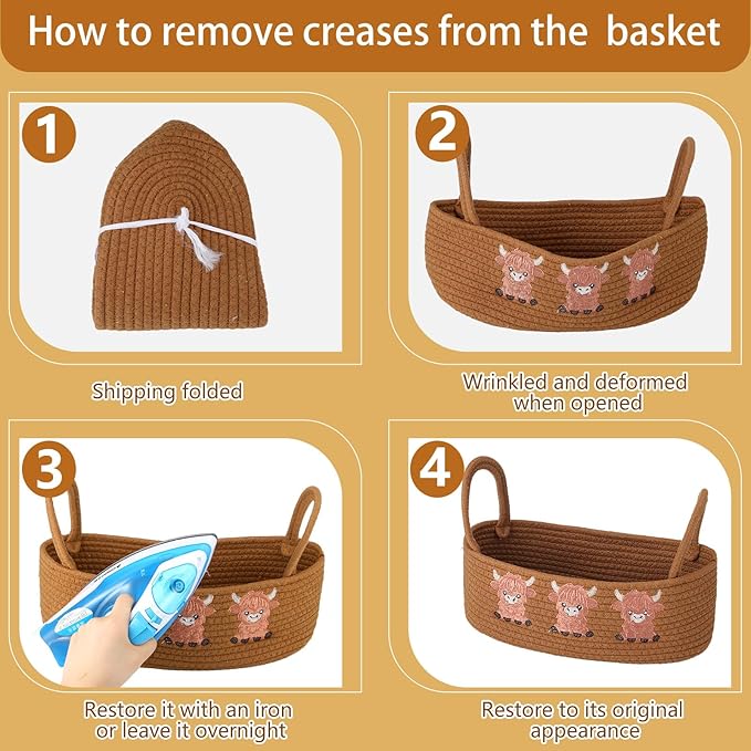 Vesici Highland Cow Storage Basket for Toilet Tank Top Farmhouse Woven Cotton Rope Bathroom Countertop Organizer Basket with Handle Highland Bathroom Decor for Christmas, 13 x 6 x 4 Inch